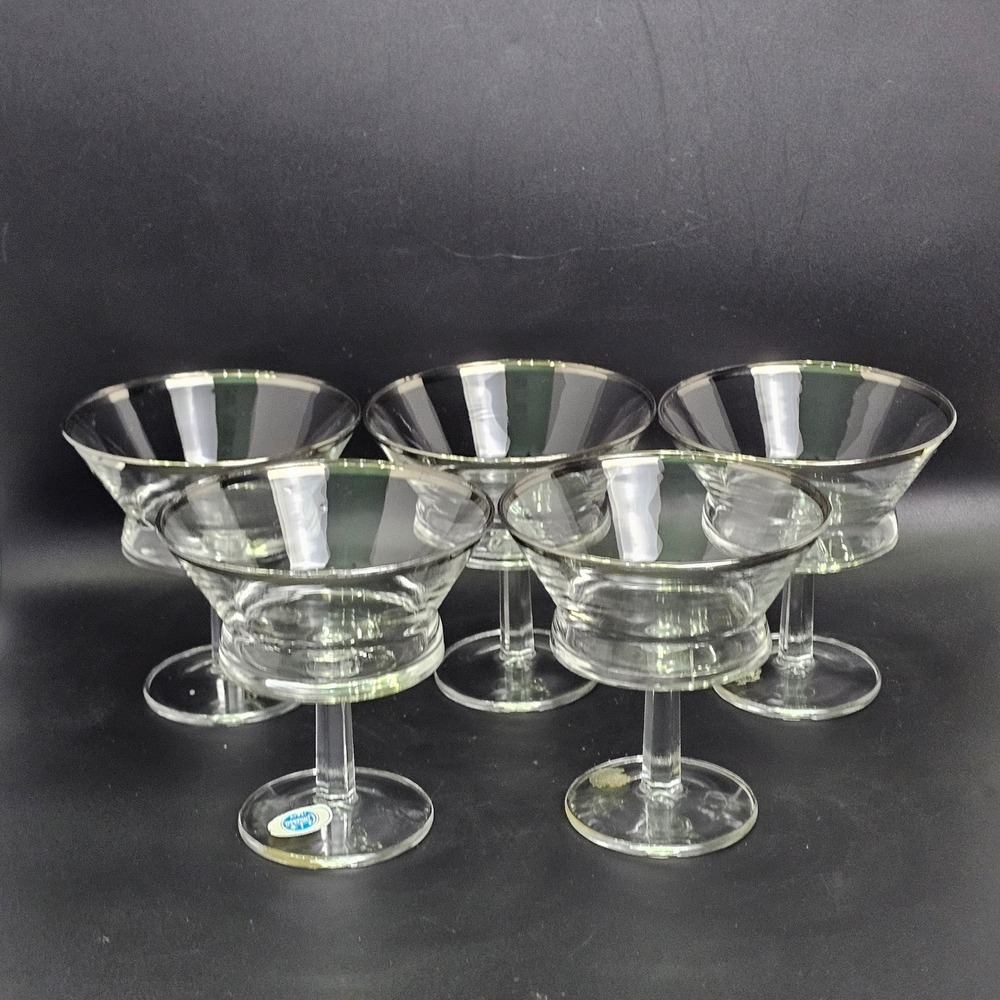 Contessa Italy MCM Platinum Trim Champagne Coupe Sherbet Glass Set of 5 Hex Stem